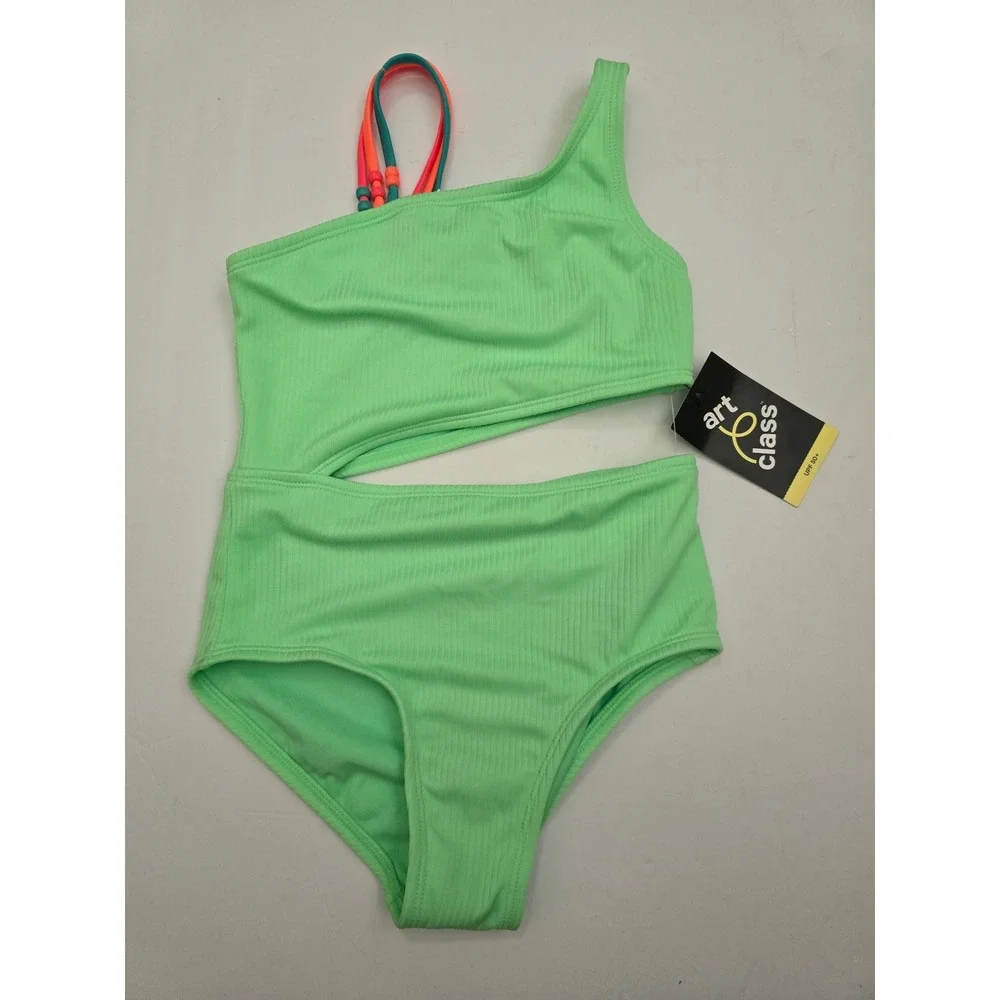 Art Class Girl Lime Green Ribbed One Piece Swimsuit Cutout Multi Strap S 6/7 NWT